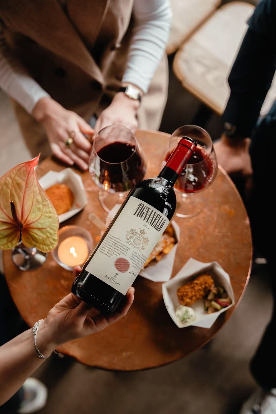 Wine and food at the table